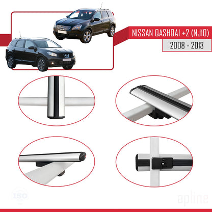 Compatible avec Nissan Qashqai +2 (NJ10) 2008-2013 BASIC Model Barres de Toit Railing Porte-Bagages de Voiture Gris Aluminium 2 Barres