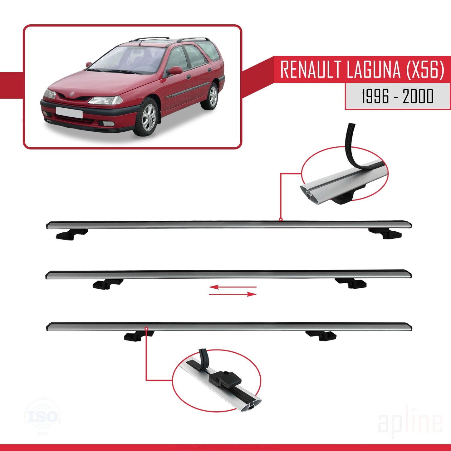 Compatible avec Renault Laguna (X56) 1996-200 BASIC Model Barres de Toit Railing Porte-Bagages de Voiture Gris Aluminium 3 Barres