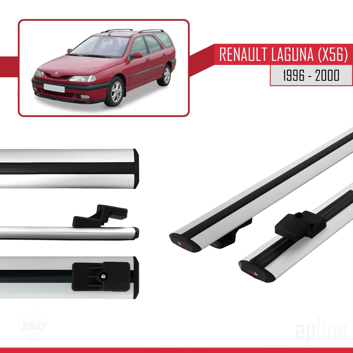 Compatible avec Renault Laguna (X56) 1996-200 BASIC Model Barres de Toit Railing Porte-Bagages de Voiture Gris Aluminium 2 Barres