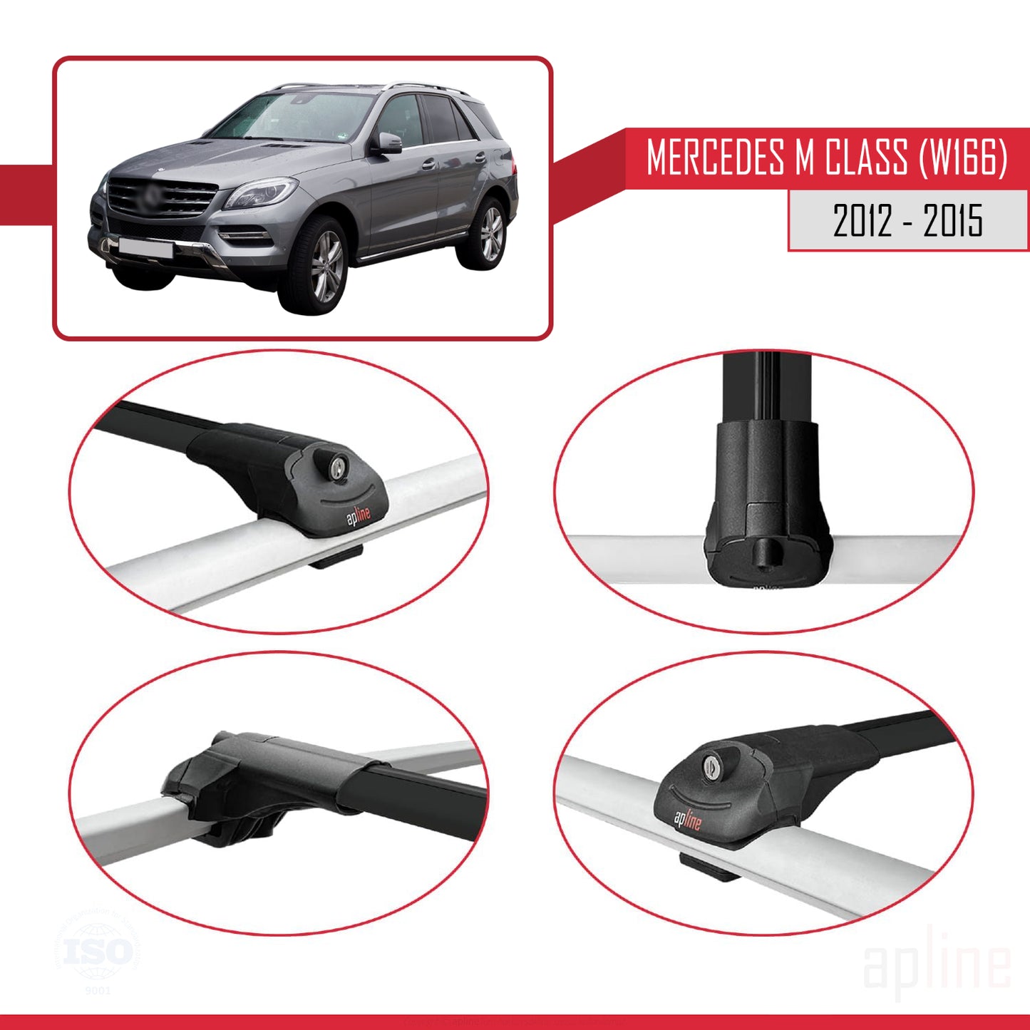 Compatible con Mercedes M Class 3 (W166) Pre-Facelift 2012-2015 ACE-1 Barras de Techo Auto Portaequipajes Barras Transversales Negro Aluminio 3 Barras