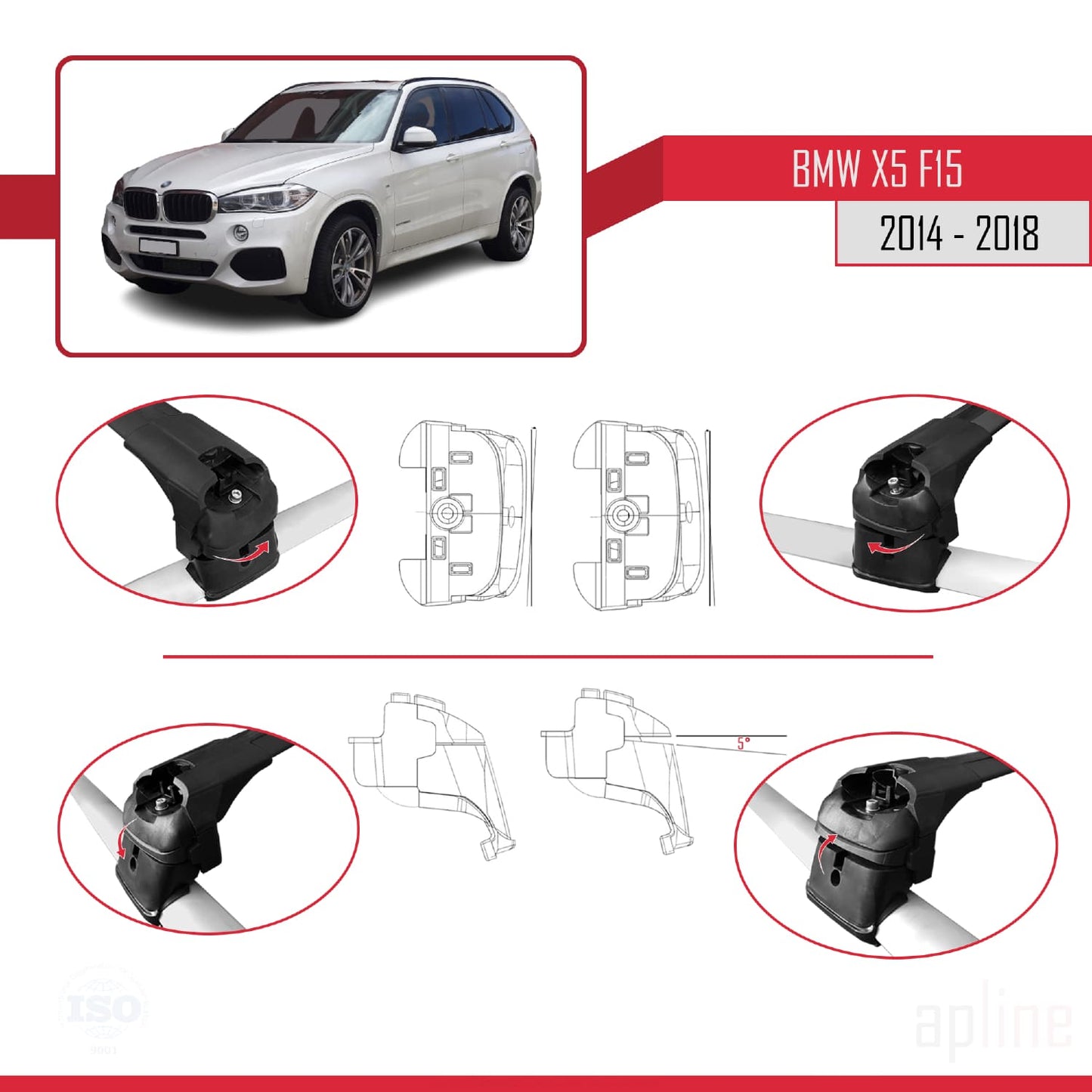 Compatibile con BMW X5 (F15) 2014-2018 Barre portatutto ACE-2 in alluminio nero, 2 barre