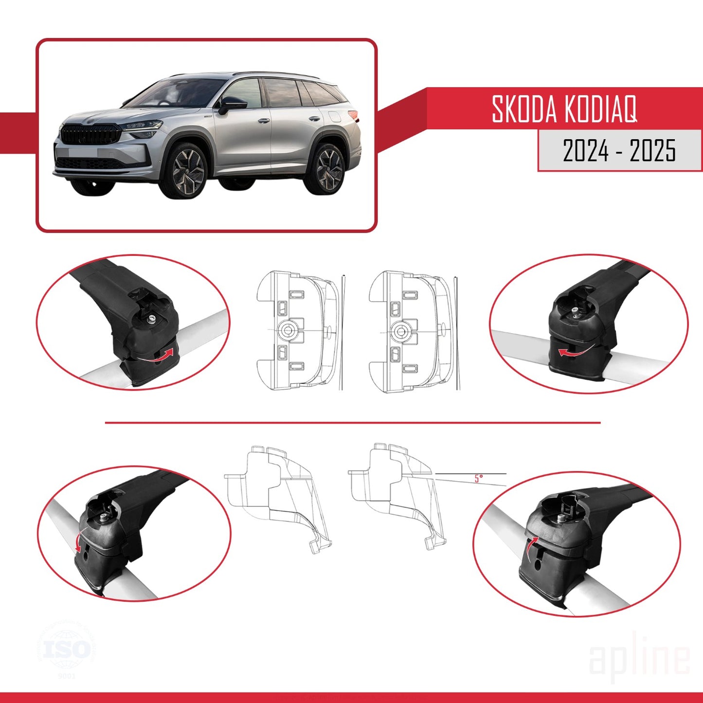 Compatible avec Skoda Kodiaq 2024-2025 ACE-2 Barres de Toit Railing Porte-Bagages de Voiture Noir Aluminium 2 Barres