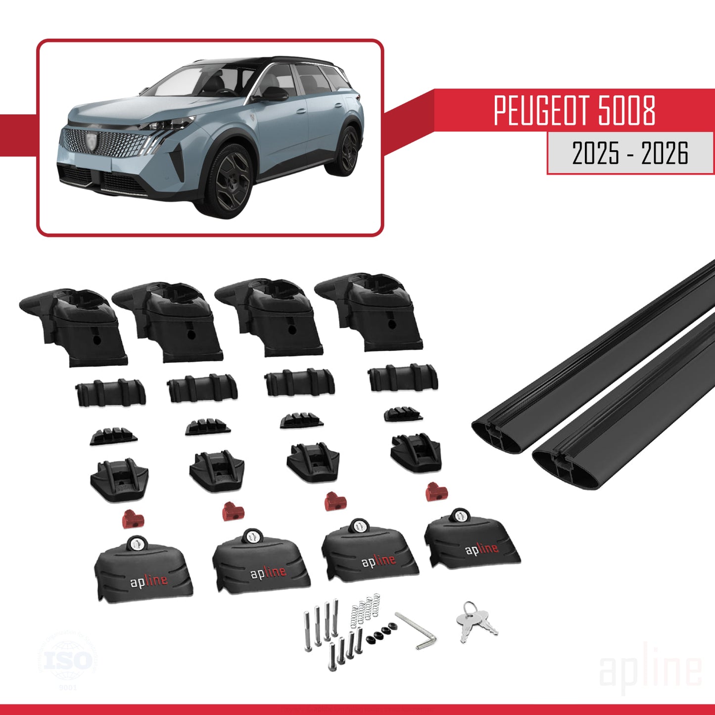 Compatible with Peugeot 5008 2025-2026 ACE-2 Car Roof Rack Cross Bar Black Aluminium 2 Bars