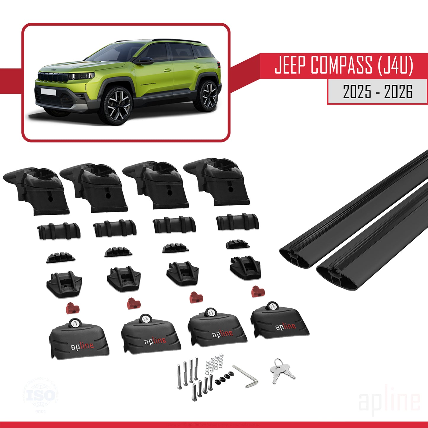 Compatible avec Jeep Compass J4U 2025-2026 ACE-2 Barres de Toit Railing Porte-Bagages de Voiture Noir Aluminium 2 Barres