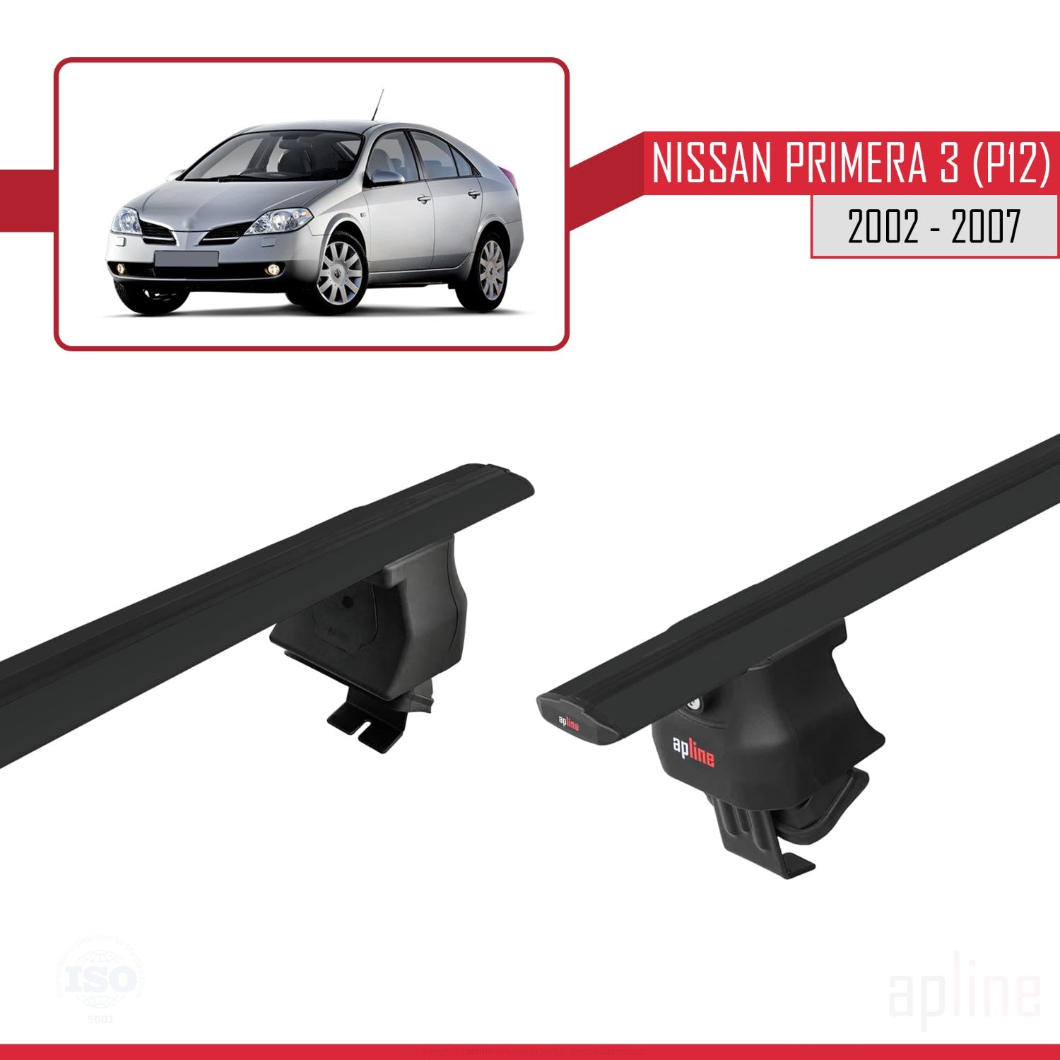 Compatible avec Nissan Primera 3 (P12) 2002-2007 ACE-4 Barres de Toit Railing Porte-Bagages de Voiture Noir Aluminium 2 Barres