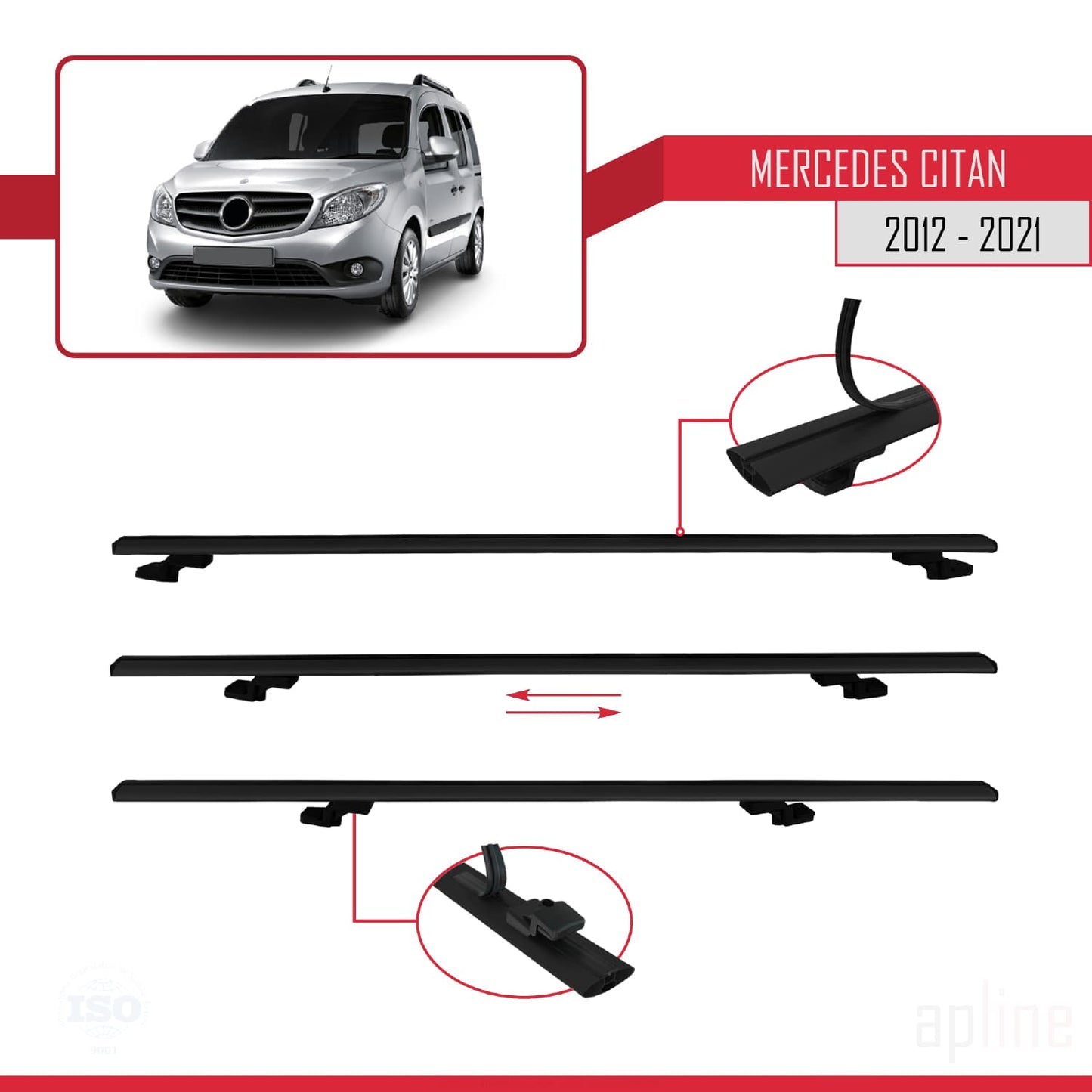 Compatible avec Mercedes Citan (W415) 2012-2021 BASIC Model Barres de Toit Railing Porte-Bagages de Voiture Noir Aluminium 4 Barres