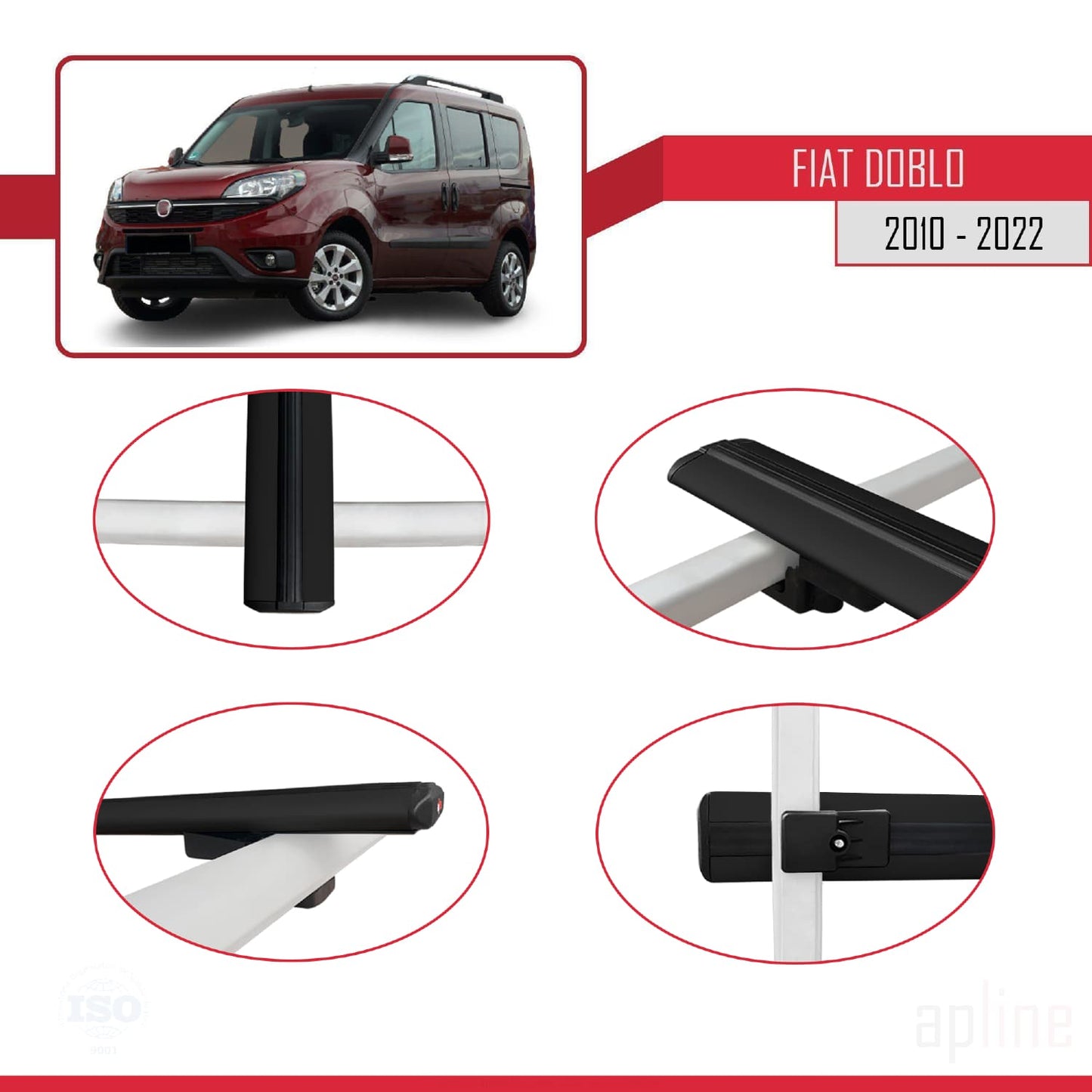 Compatible avec Fiat Doblo 2 2010-2022 BASIC Model Barres de Toit Railing Porte-Bagages de Voiture Noir Aluminium 2 Barres