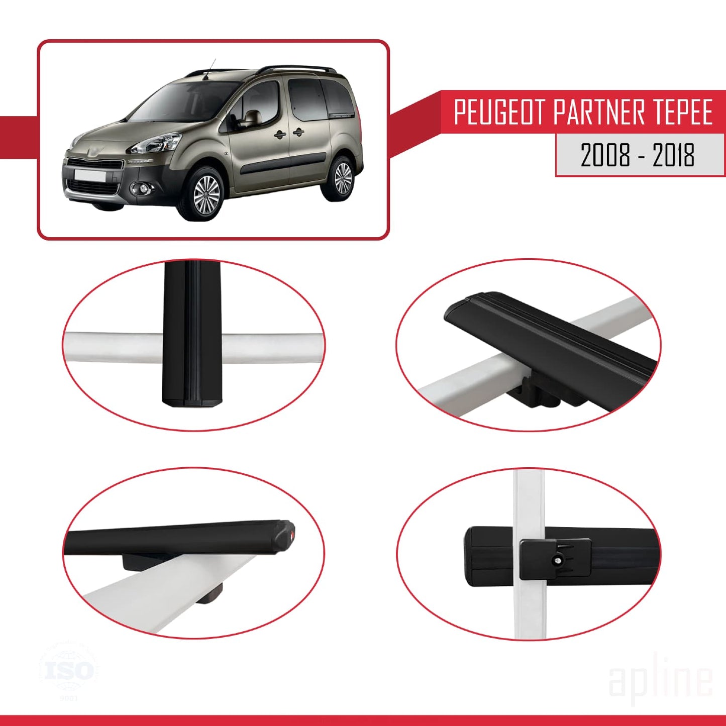 Compatible avec Peugeot Partner 2 Tepee 2008-2018 BASIC Model Barres de Toit Railing Porte-Bagages de Voiture Noir Aluminium 3 Barres