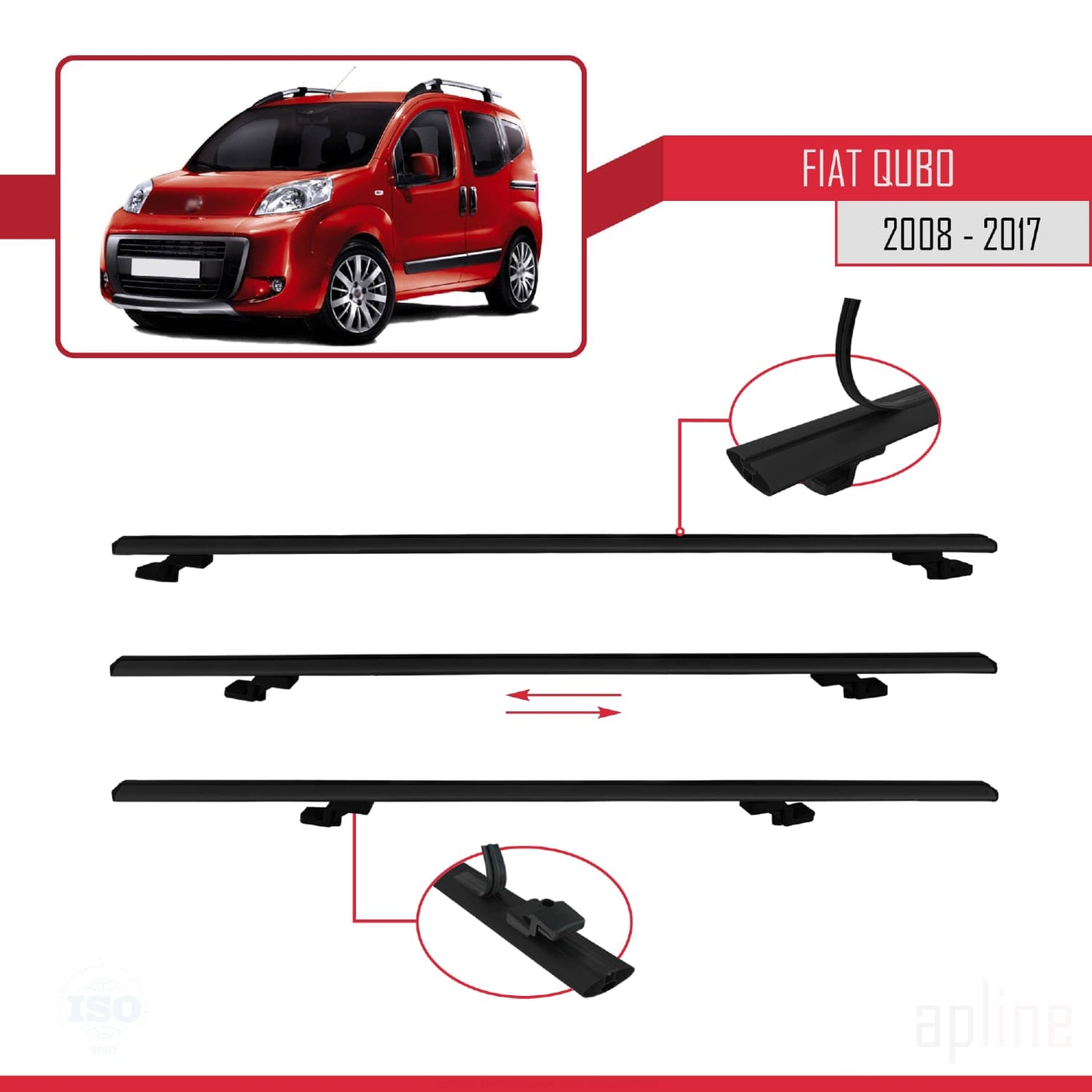 Kompatibel mit Fiat Qubo 2008-2017 Basismodell Dachgepäckträger, schwarzes Aluminium, 4 Stangen