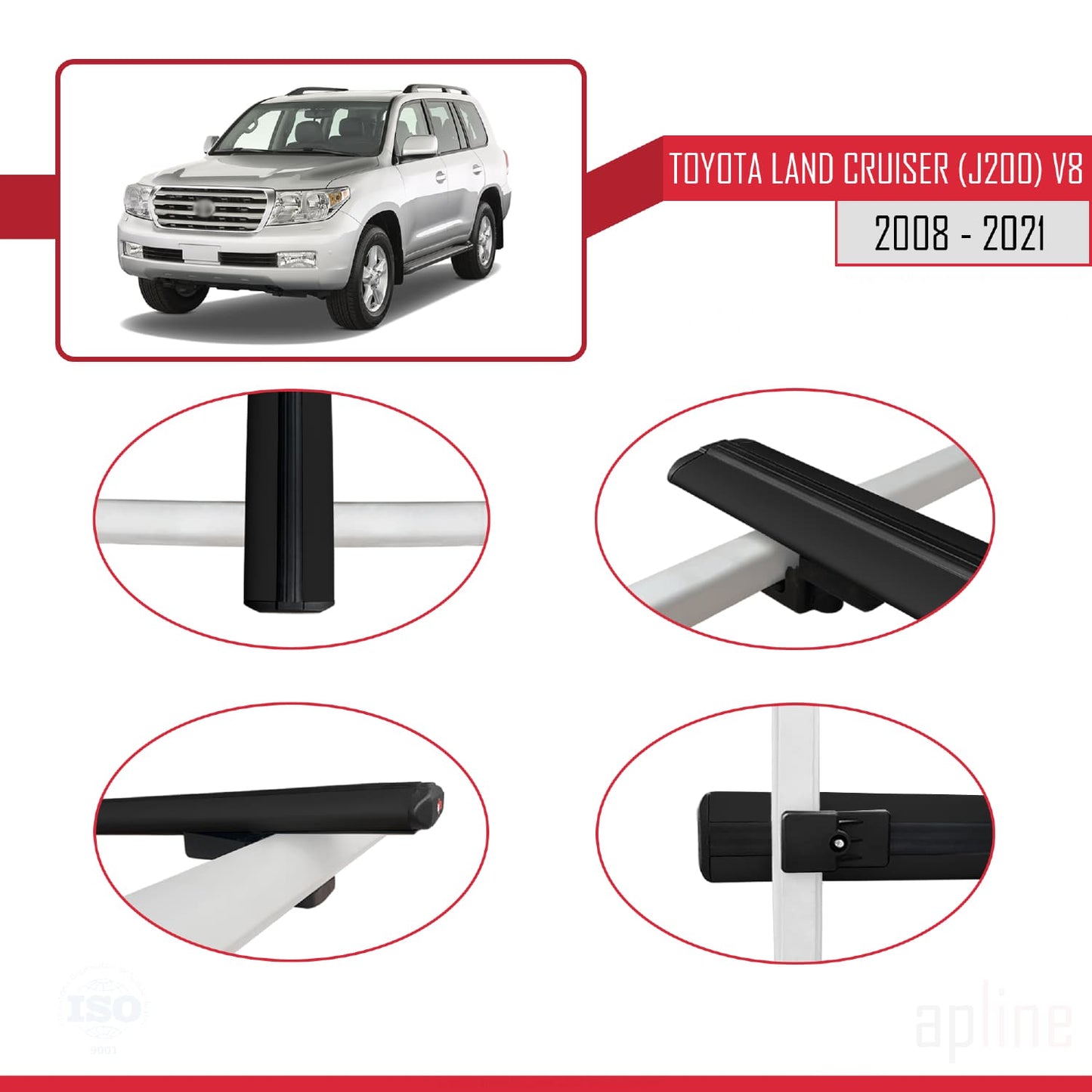 Compatible avec Toyota Land Cruiser V8 (J200) 2008-2021 BASIC Model Barres de Toit Railing Porte-Bagages de Voiture Noir Aluminium 2 Barres