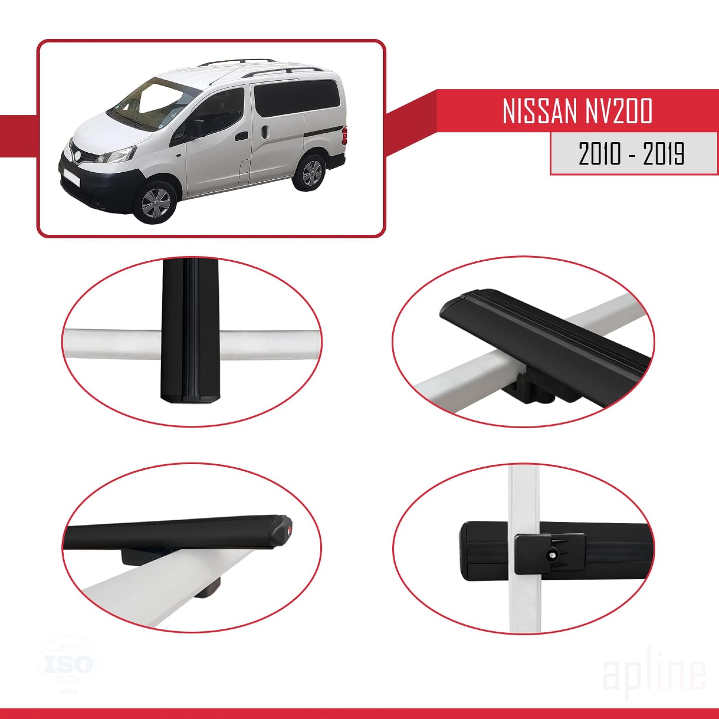 Compatible avec Nissan NV200 (M20) 2010-2019 Siyah BASIC Model Barres de Toit Railing Porte-Bagages de Voiture Noir Aluminium 2 Barres
