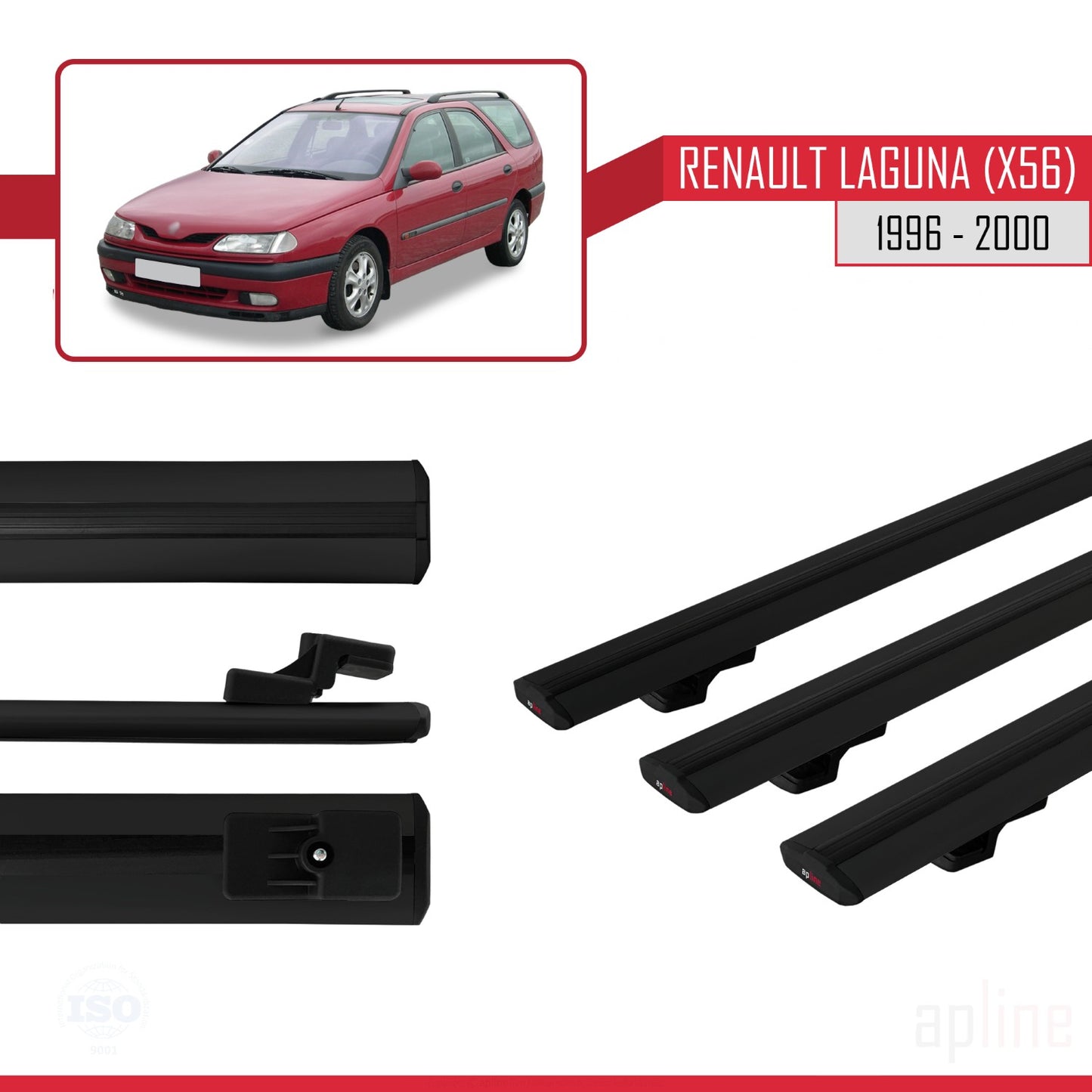 Compatible avec Renault Laguna (X56) 1996-200 BASIC Model Barres de Toit Railing Porte-Bagages de Voiture Noir Aluminium 3 Barres
