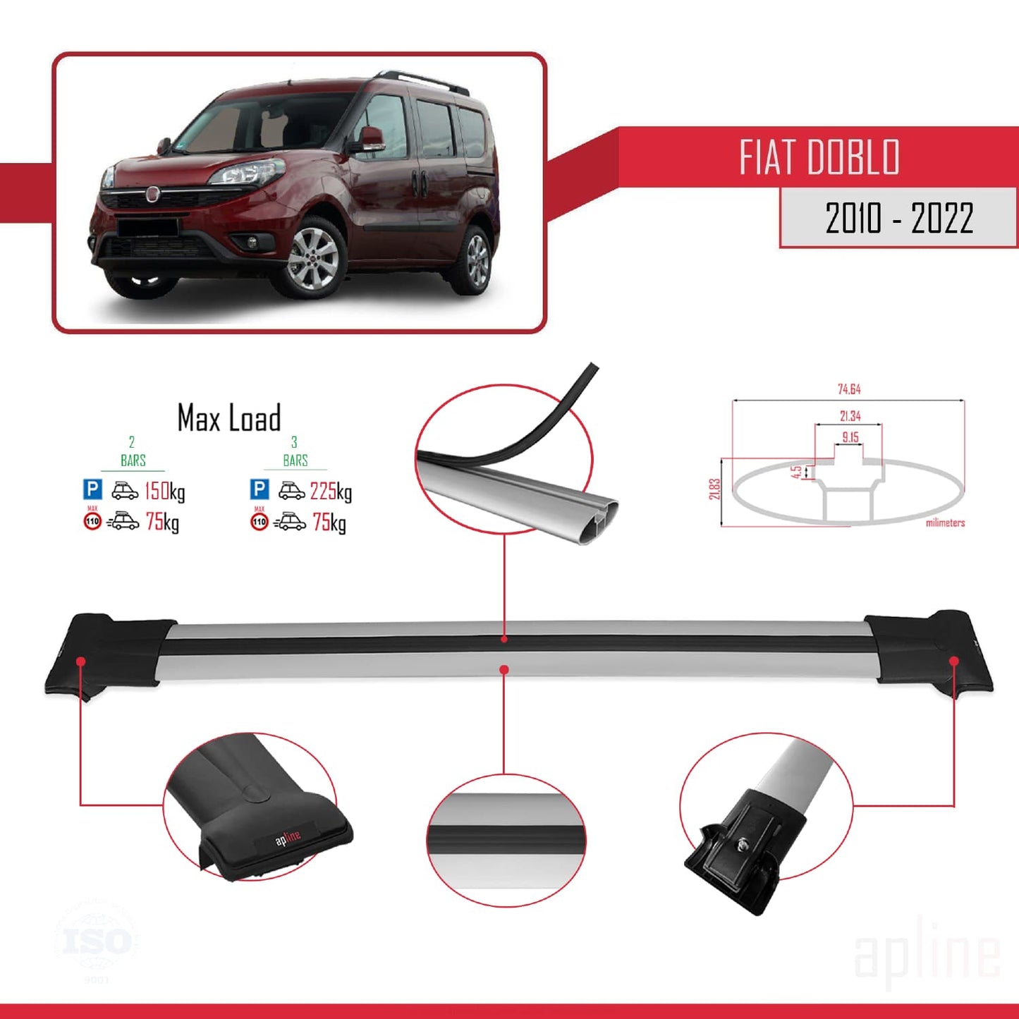 Kompatibel mit Fiat Doblo 2 2010-2022 FLY Modell Dachgepäckträger, graues Aluminium, 2 Stangen
