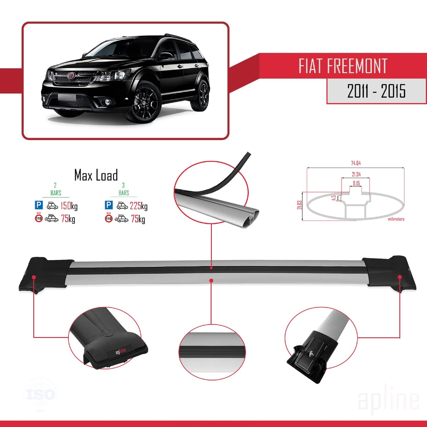 Compatibile con Fiat Freemont 2011-2015 modello FLY Barre portatutto Railing Portapacchi Auto Alluminio Grigio 2 Barre