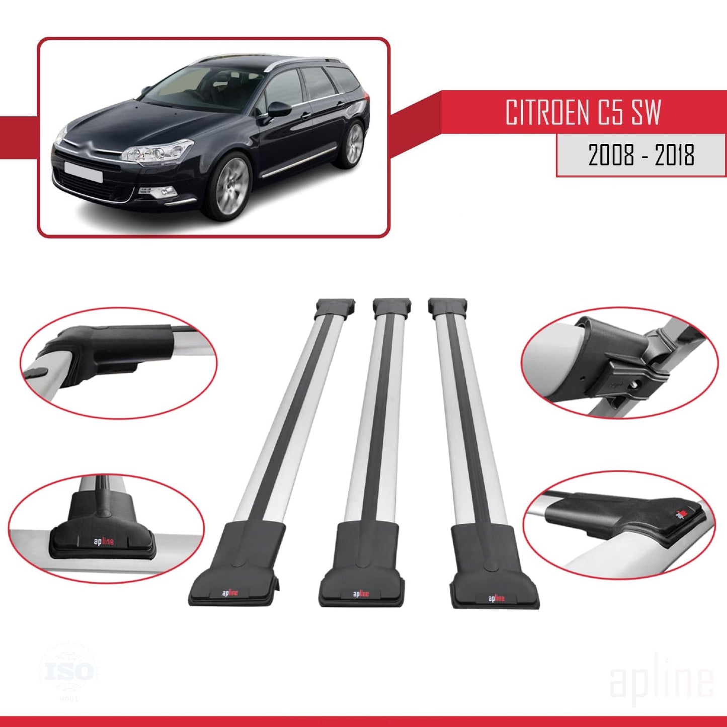 Compatible avec Citroen C5 II Tourer 2008-2018 FLY Model Barres de Toit Railing Porte-Bagages de Voiture Gris Aluminium 3 Barres