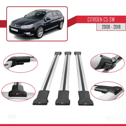 Compatible avec Citroen C5 II Tourer 2008-2018 FLY Model Barres de Toit Railing Porte-Bagages de Voiture Gris Aluminium 3 Barres