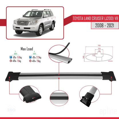 Compatible avec Toyota Land Cruiser V8 (J200) 2008-2021 FLY Model Barres de Toit Railing Porte-Bagages de Voiture Gris Aluminium 2 Barres
