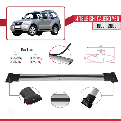 Compatible con Mitsubishi Pajero (V60) 3 Kapı 1999-2006 FLY Model Barras de Techo Auto Portaequipajes Barras Transversales Gris Aluminio 3 Barras