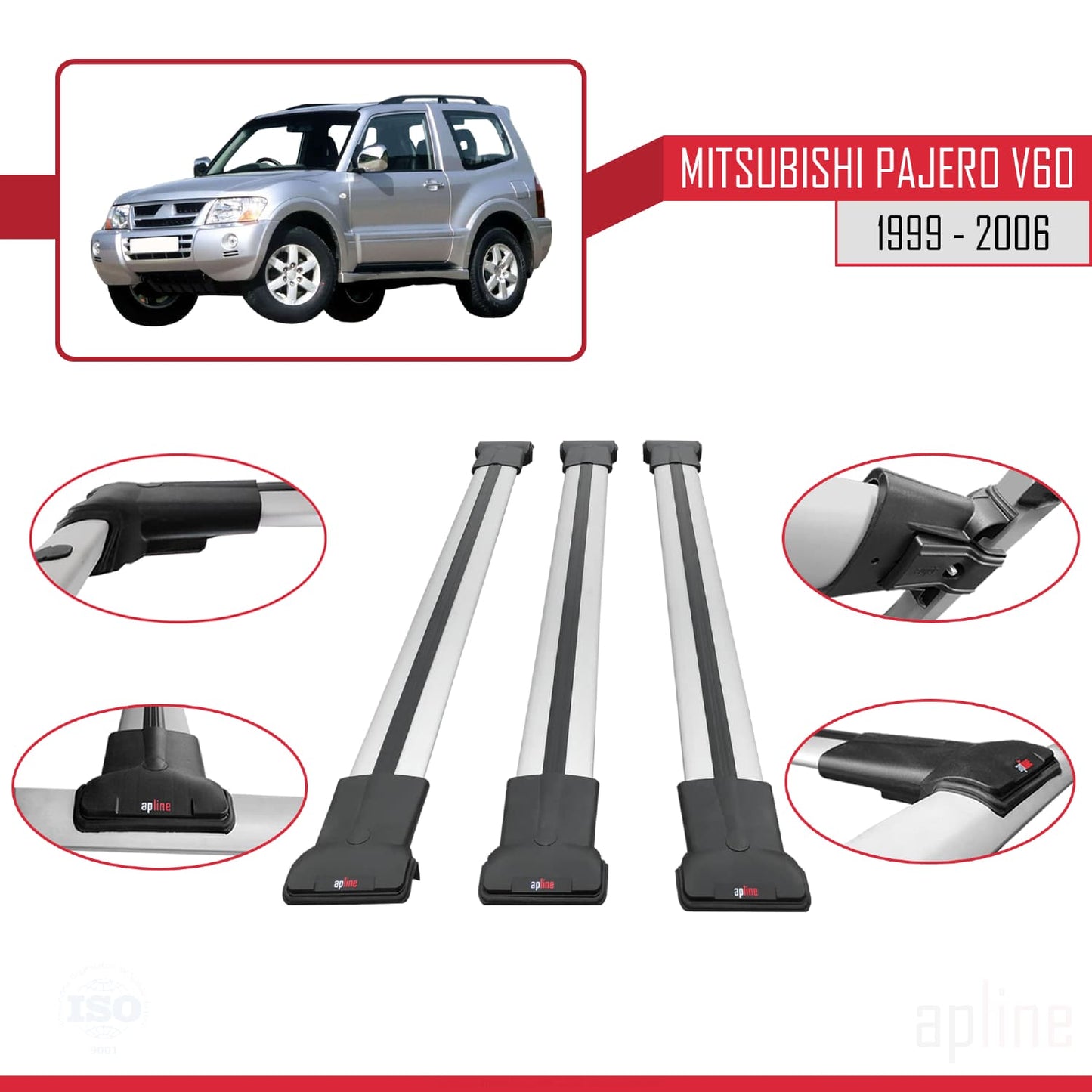Compatible con Mitsubishi Pajero (V60) 3 Kapı 1999-2006 FLY Model Barras de Techo Auto Portaequipajes Barras Transversales Gris Aluminio 3 Barras