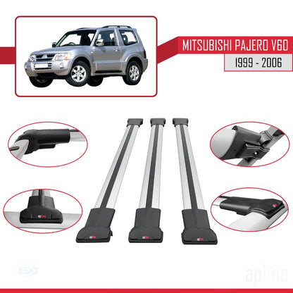 Compatible con Mitsubishi Pajero (V60) 3 Kapı 1999-2006 FLY Model Barras de Techo Auto Portaequipajes Barras Transversales Gris Aluminio 3 Barras