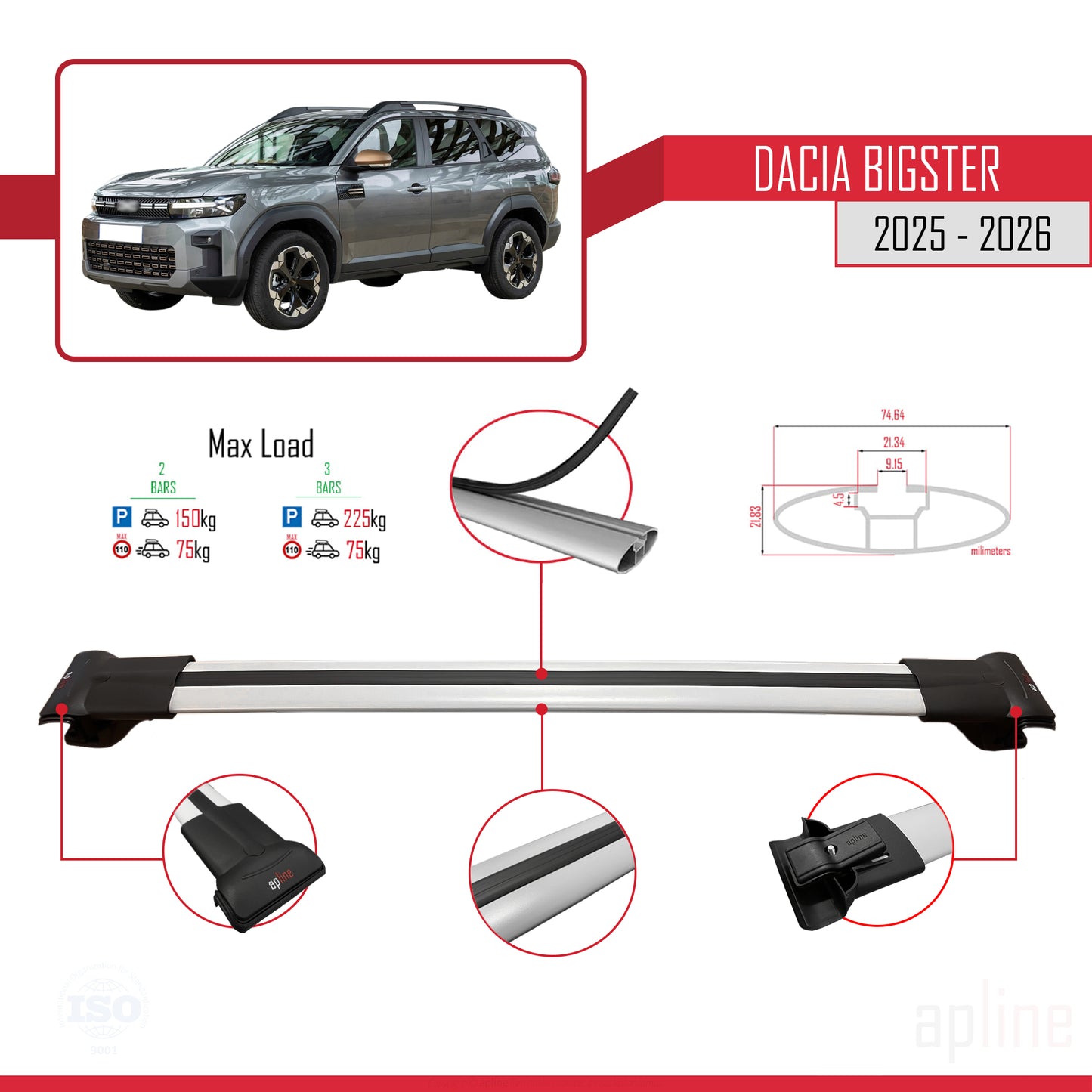 Compatible avec Dacia Bigster 2025-2026 FLY Model Barres de Toit Railing Porte-Bagages de Voiture Gris Aluminium 2 Barres