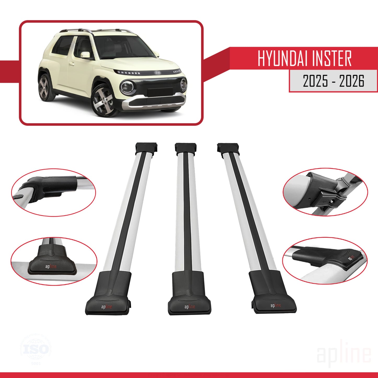 Compatible avec Hyundai Inster 2025-2026 FLY Model Barres de Toit Railing Porte-Bagages de Voiture Gris Aluminium 3 Barres