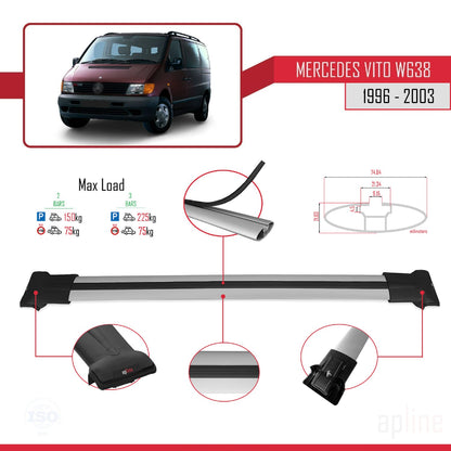 Compatible with Mercedes Vito (W638) 1996-2003 FLY Model Car Roof Rack Cross Bar Grey Aluminium 2 Bars
