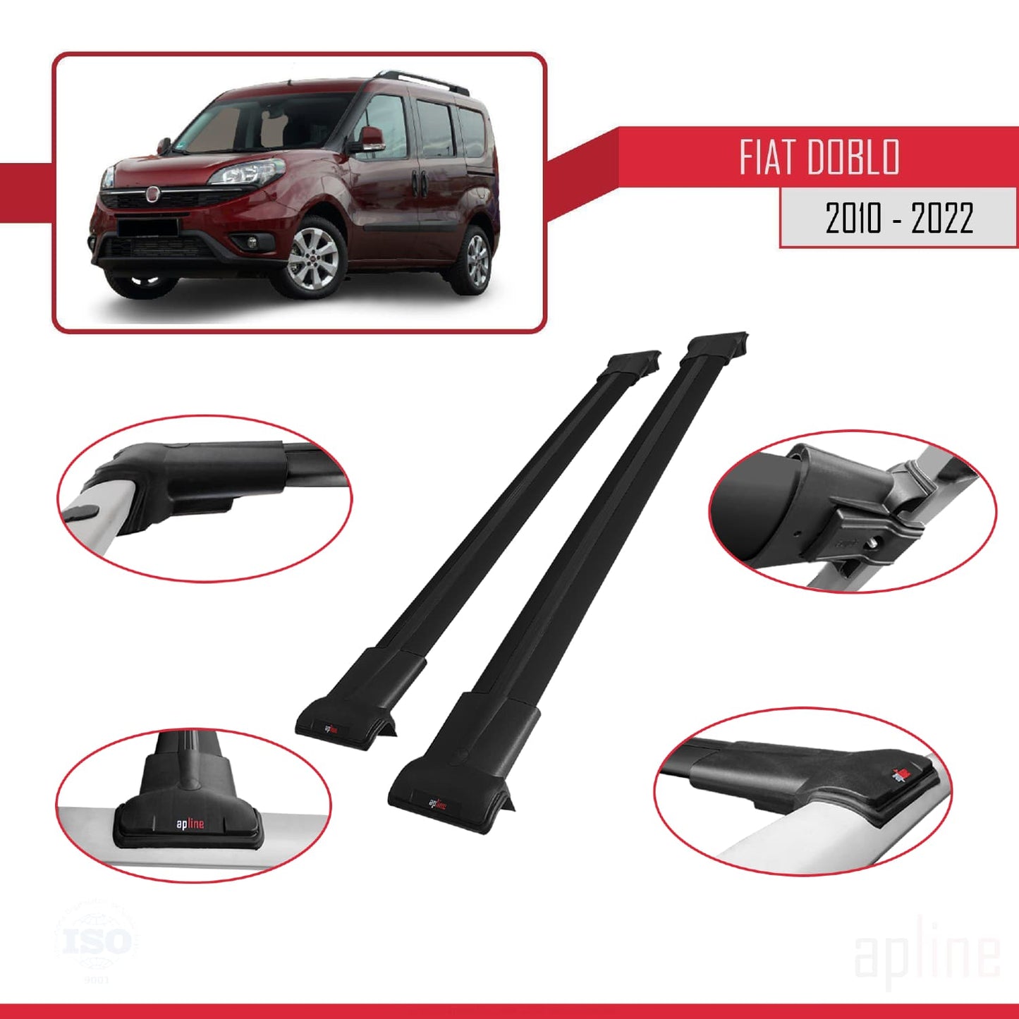 Kompatibel mit Fiat Doblo 2 2010-2022 FLY Modell Dachgepäckträger, schwarzes Aluminium, 2 Stangen
