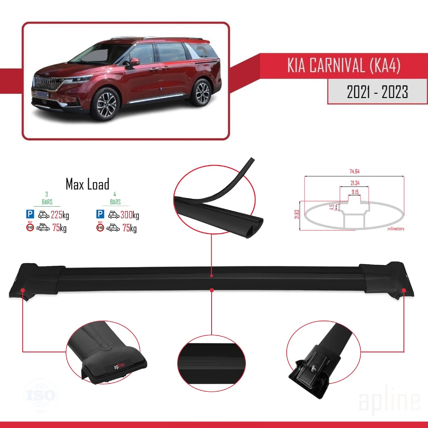 Compatible avec Kia Carnival 4 (KA4) 2021-2023 FLY Model Barres de Toit Railing Porte-Bagages de Voiture Noir Aluminium 3 Barres