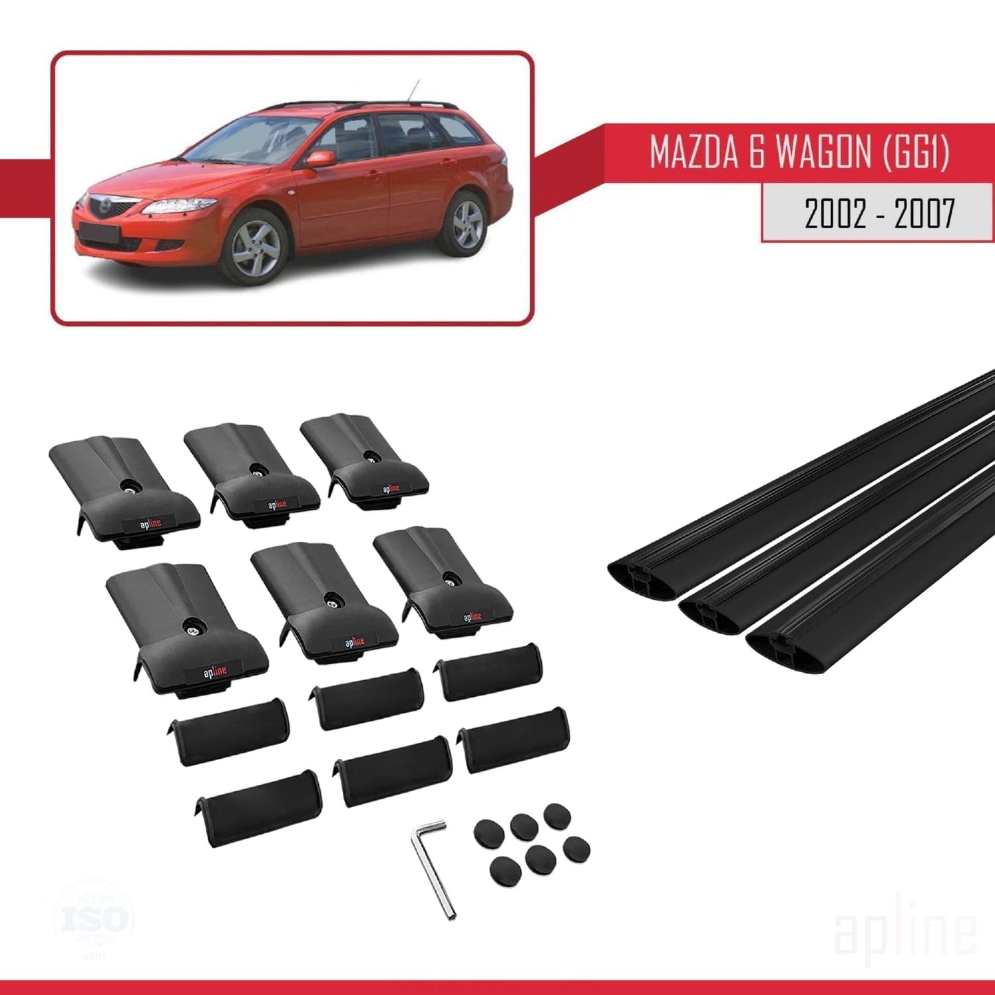 Compatible avec Mazda 6 I (GG1) 2002-2007 FLY Model Barres de Toit Railing Porte-Bagages de Voiture Noir Aluminium 3 Barres