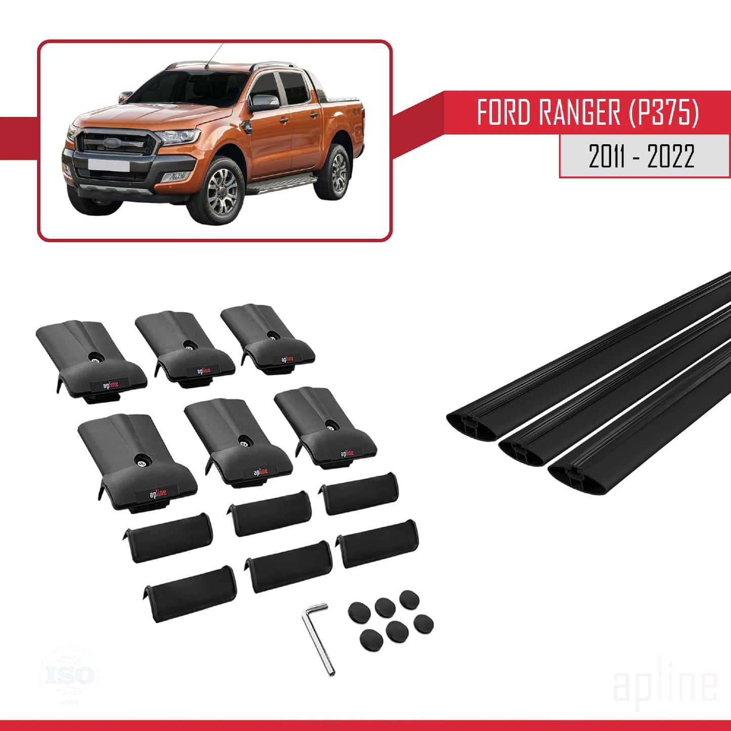 Compatible avec Ford Ranger (P375) 2011-2022 FLY Model Barres de Toit Railing Porte-Bagages de Voiture Noir Aluminium 3 Barres