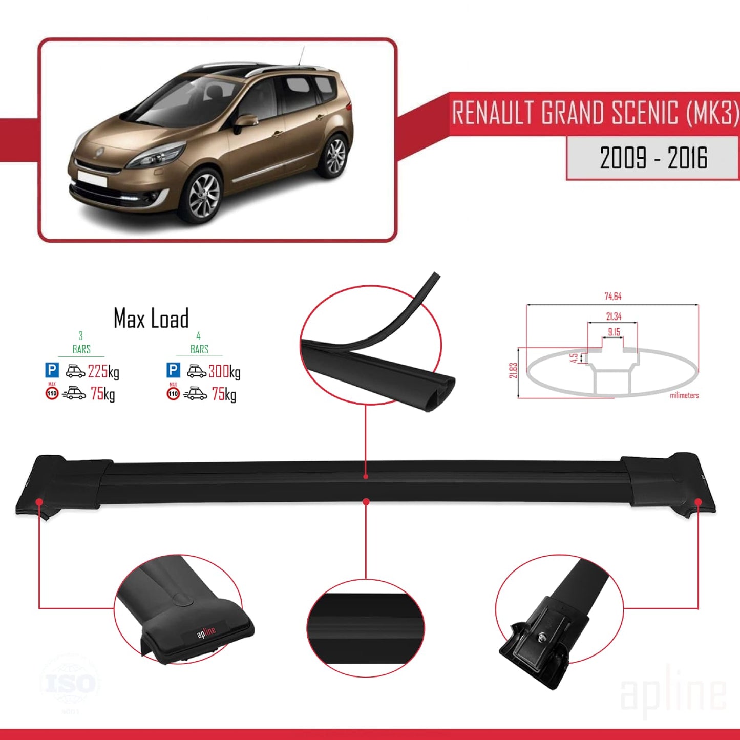 Compatible with Renault Grand Scenic 3 2009-2016 FLY Model Car Roof Rack Cross Bar Black Aluminium 3 Bars