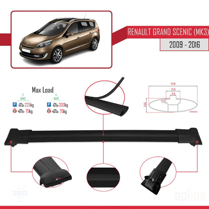 Compatible with Renault Grand Scenic 3 2009-2016 FLY Model Car Roof Rack Cross Bar Black Aluminium 3 Bars