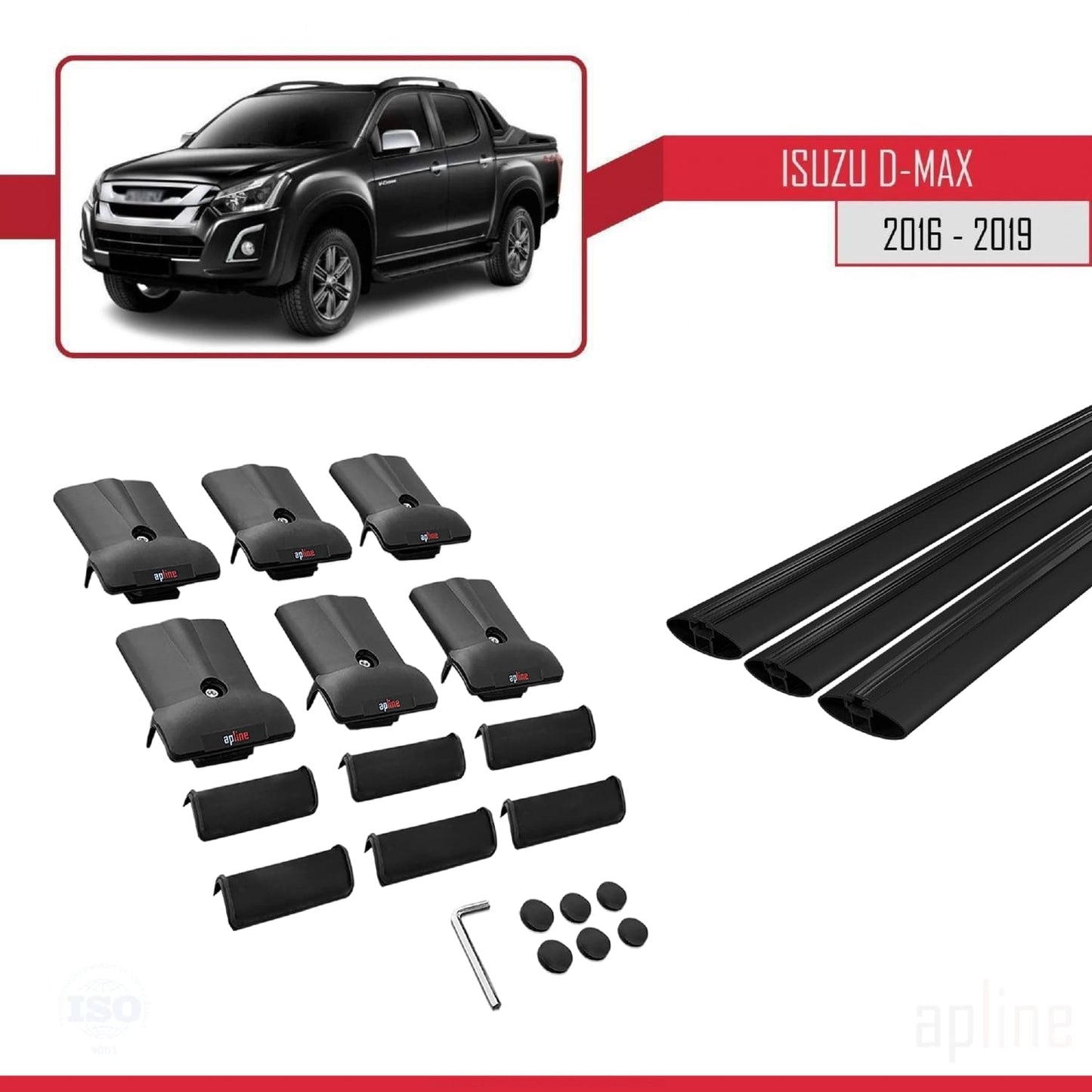 Compatible avec Isuzu D-Max 2 (RT85) Post-Facelift 2016-2019 FLY Model Barres de Toit Railing Porte-Bagages de Voiture Noir Aluminium 3 Barres