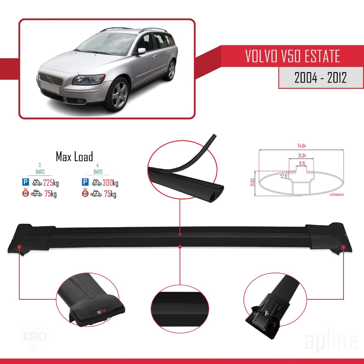 Compatible avec Volvo V50 2004-2012 FLY Model Barres de Toit Railing Porte-Bagages de Voiture Noir Aluminium 3 Barres