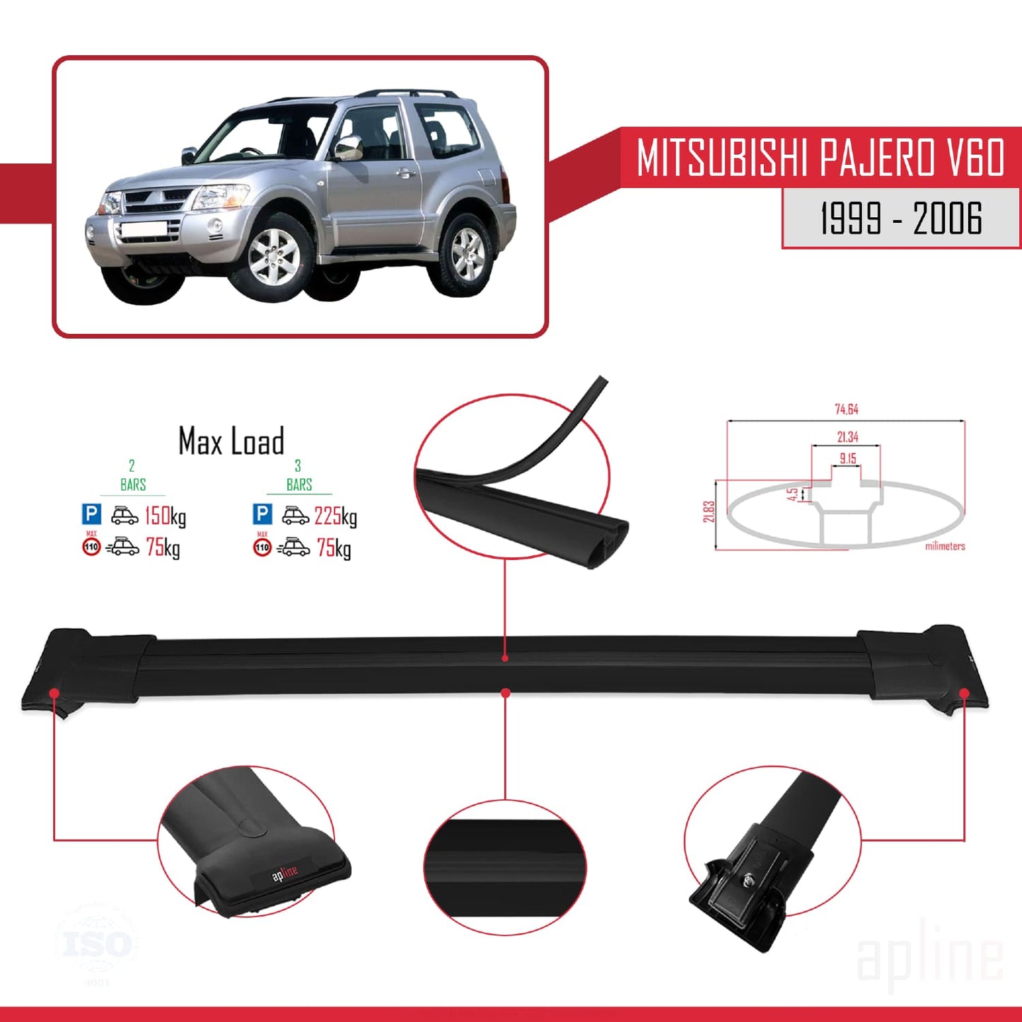 Compatible with Mitsubishi Pajero (V60) 3 Kapı 1999-2006 FLY Model Car Roof Rack Cross Bar Black Aluminium 2 Bars