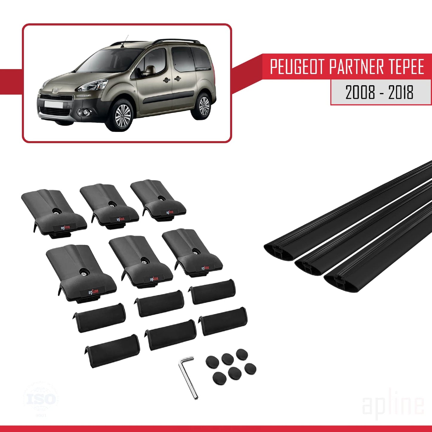 Compatible with Peugeot Partner 2 Tepee 2008-2018 FLY Model Car Roof Rack Cross Bar Black Aluminium 3 Bars