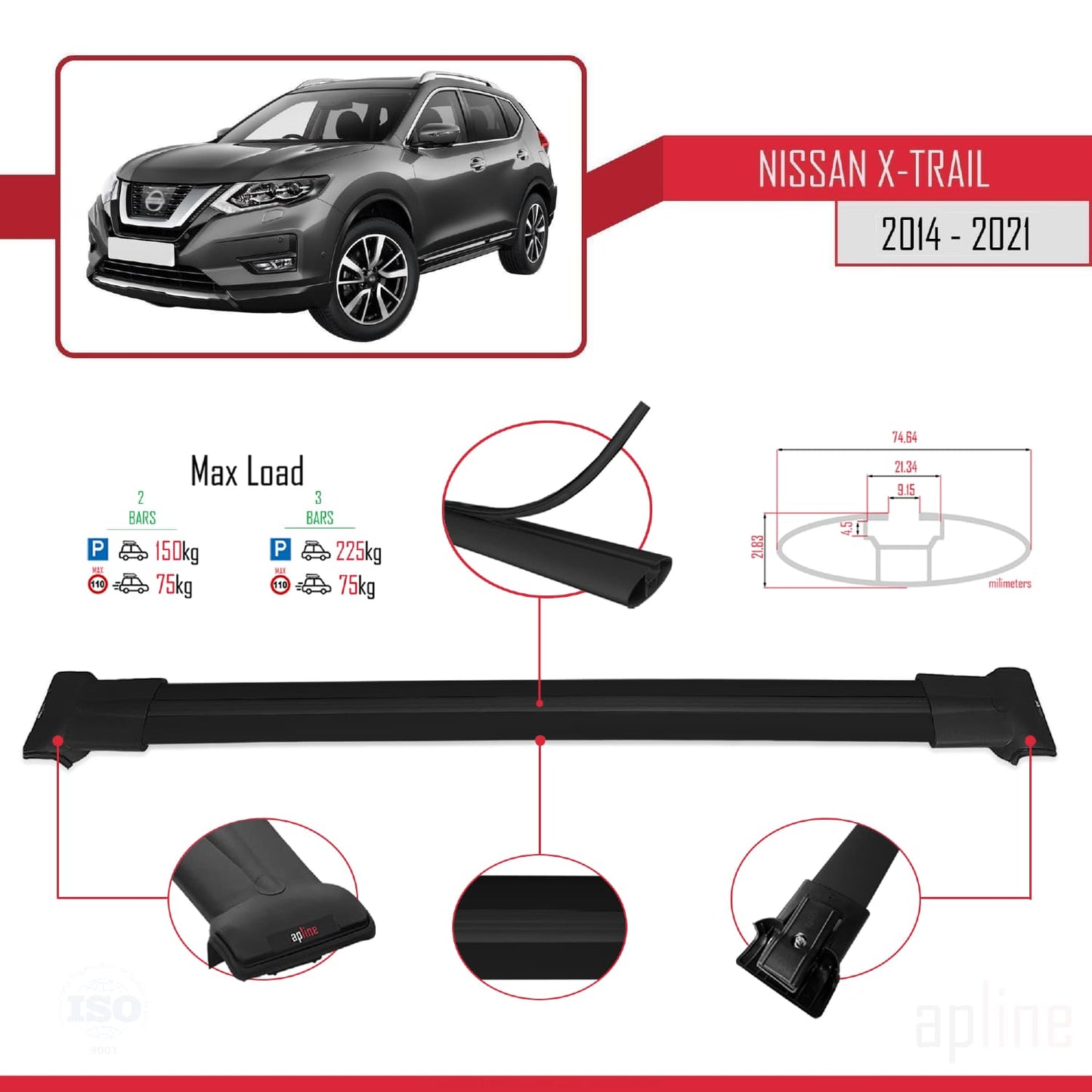 Compatible avec Nissan X-Trail 3 (T32) 2014-2021 FLY Model Barres de Toit Railing Porte-Bagages de Voiture Noir Aluminium 2 Barres