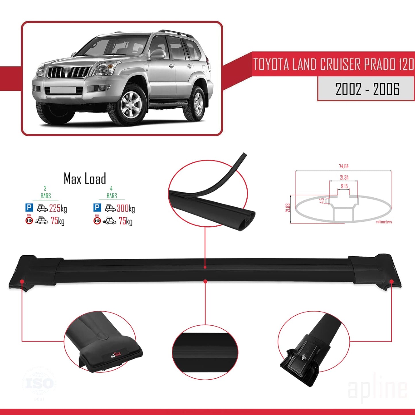 Compatible avec Toyota Land Cruiser Prado (J120) 2002-2006 FLY Model Barres de Toit Railing Porte-Bagages de Voiture Noir Aluminium 3 Barres