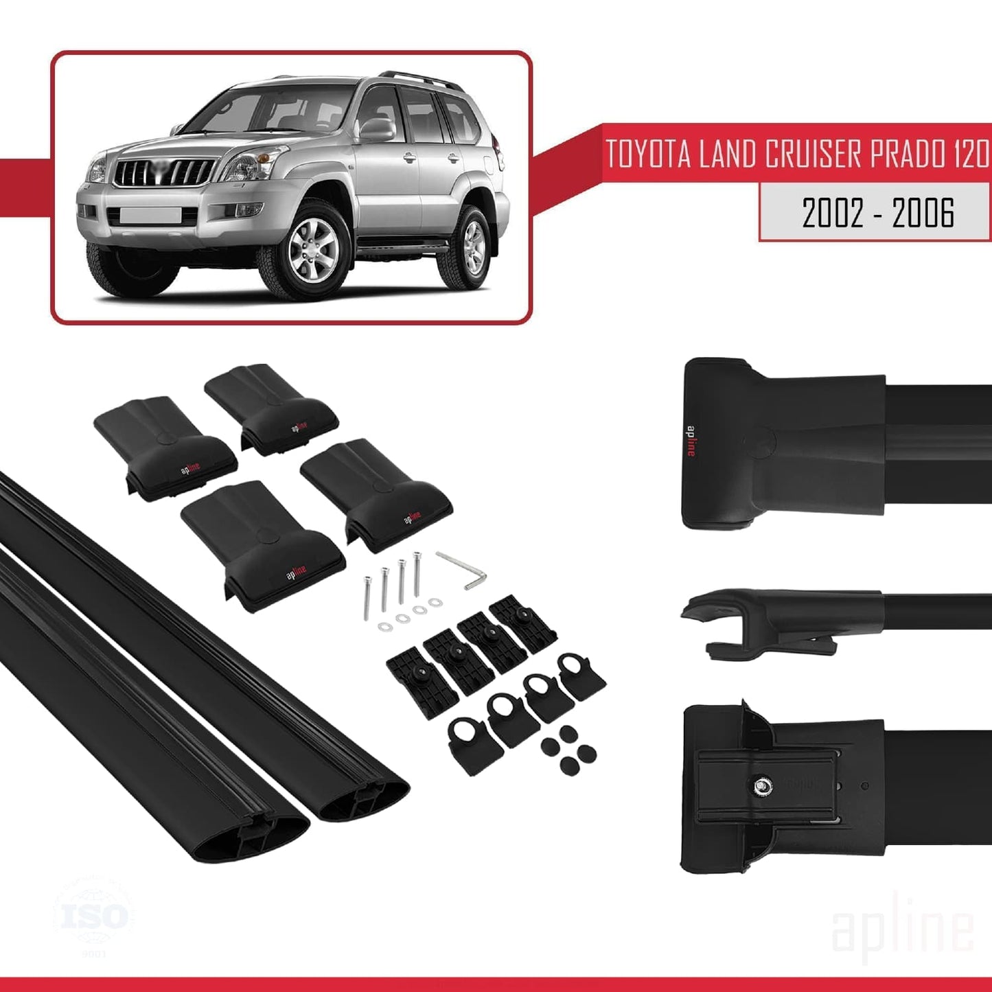 Compatible avec Toyota Land Cruiser Prado (J120) 2002-2006 FLY Model Barres de Toit Railing Porte-Bagages de Voiture Noir Aluminium 2 Barres