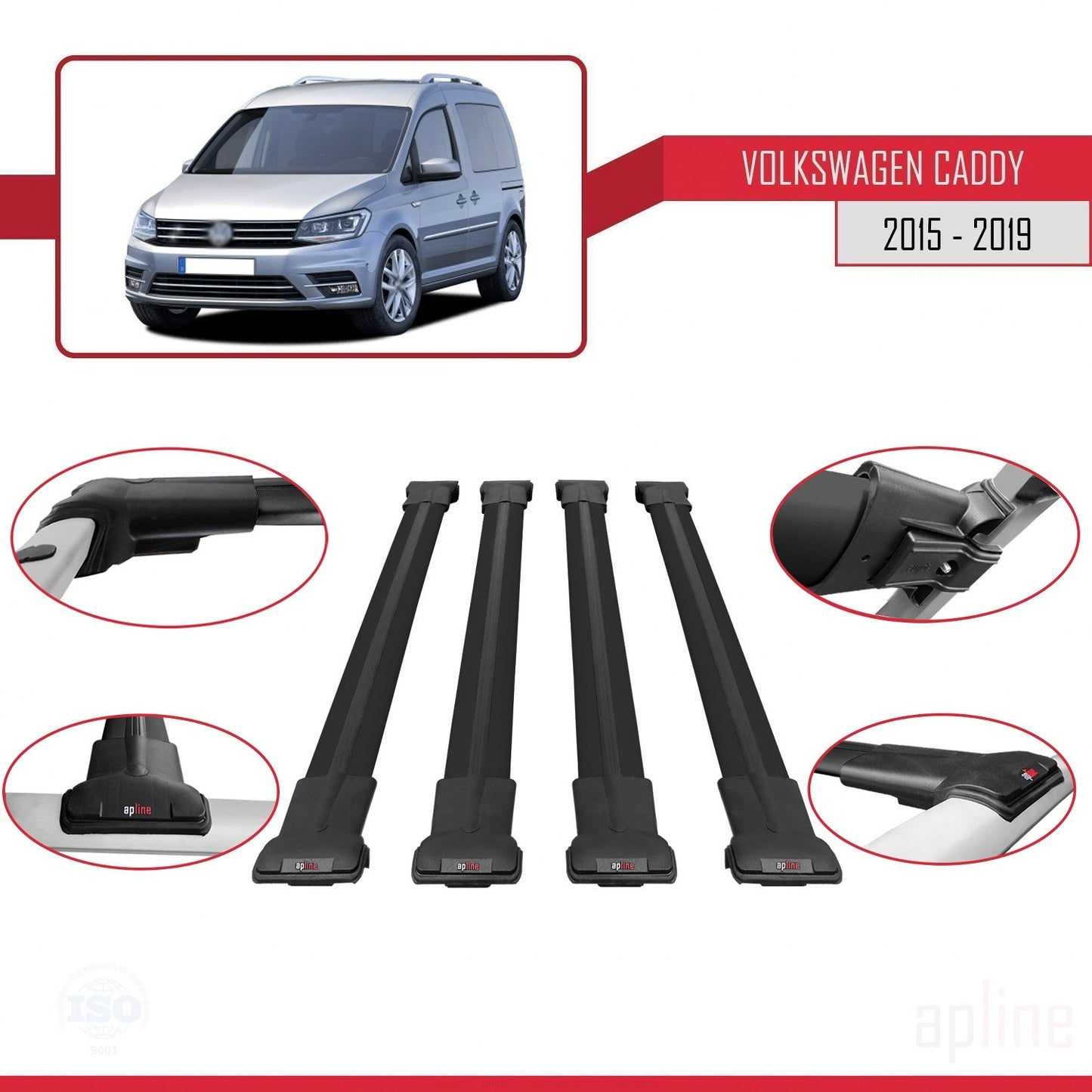 Compatible avec Volkswagen Caddy 3 (SA) 2015-2019 FLY Model Barres de Toit Railing Porte-Bagages de Voiture Noir Aluminium 4 Barres