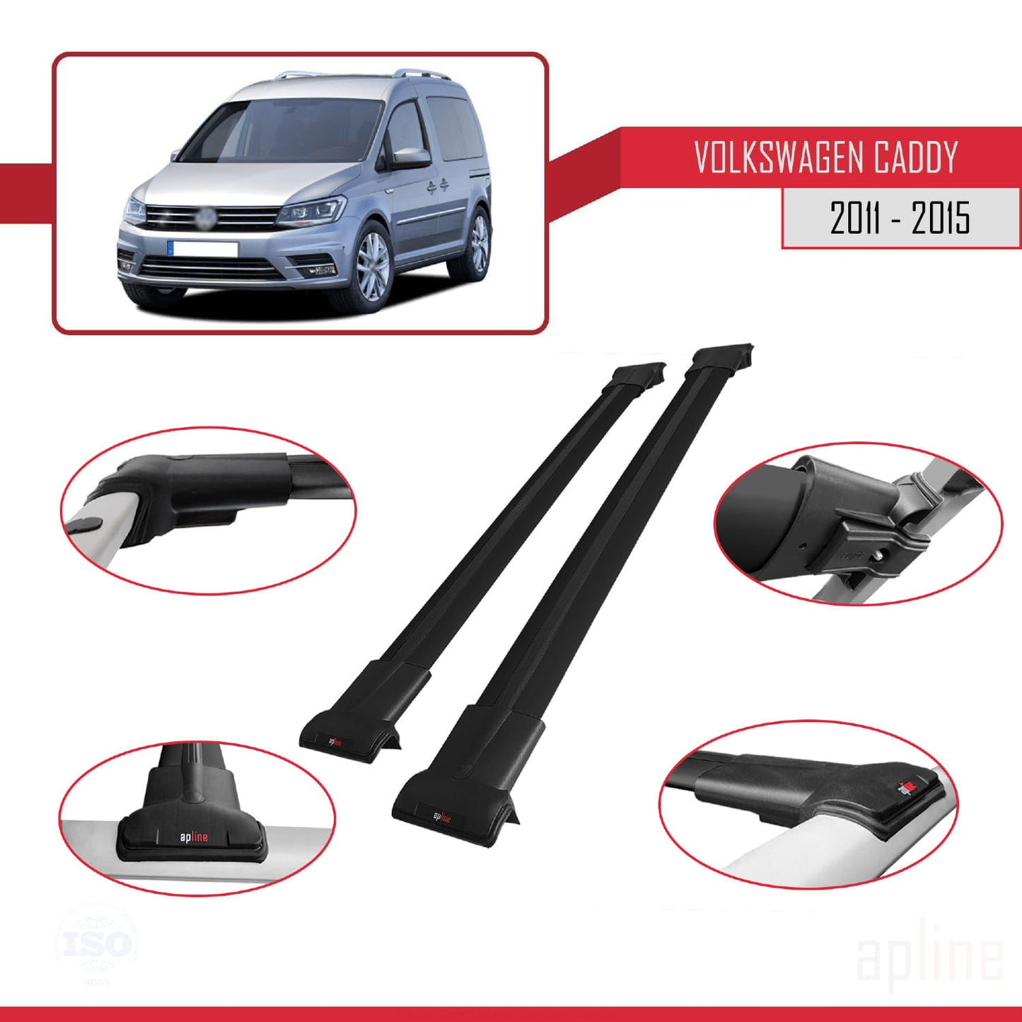 Compatible avec Volkswagen Caddy 3 (SA) 2015-2019 FLY Model Barres de Toit Railing Porte-Bagages de Voiture Noir Aluminium 2 Barres