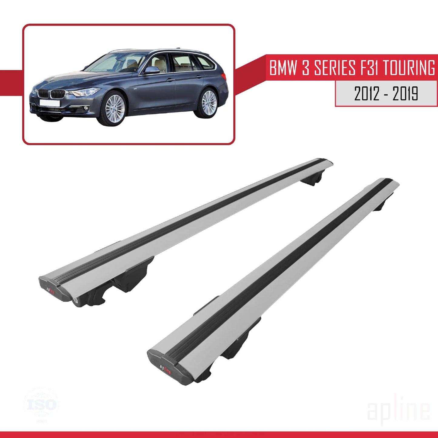 Compatible avec BMW Série 3 (F31) Touring 2012-2019 HOOK Model Barres de Toit Railing Porte-Bagages de Voiture Gris Aluminium 2 Barres