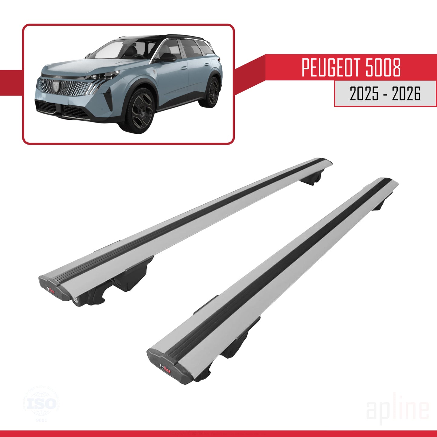 Compatible con Peugeot 5008 2025-2026 HOOK Model Barras de Techo Auto Portaequipajes Barras Transversales Gris Aluminio 2 Barras
