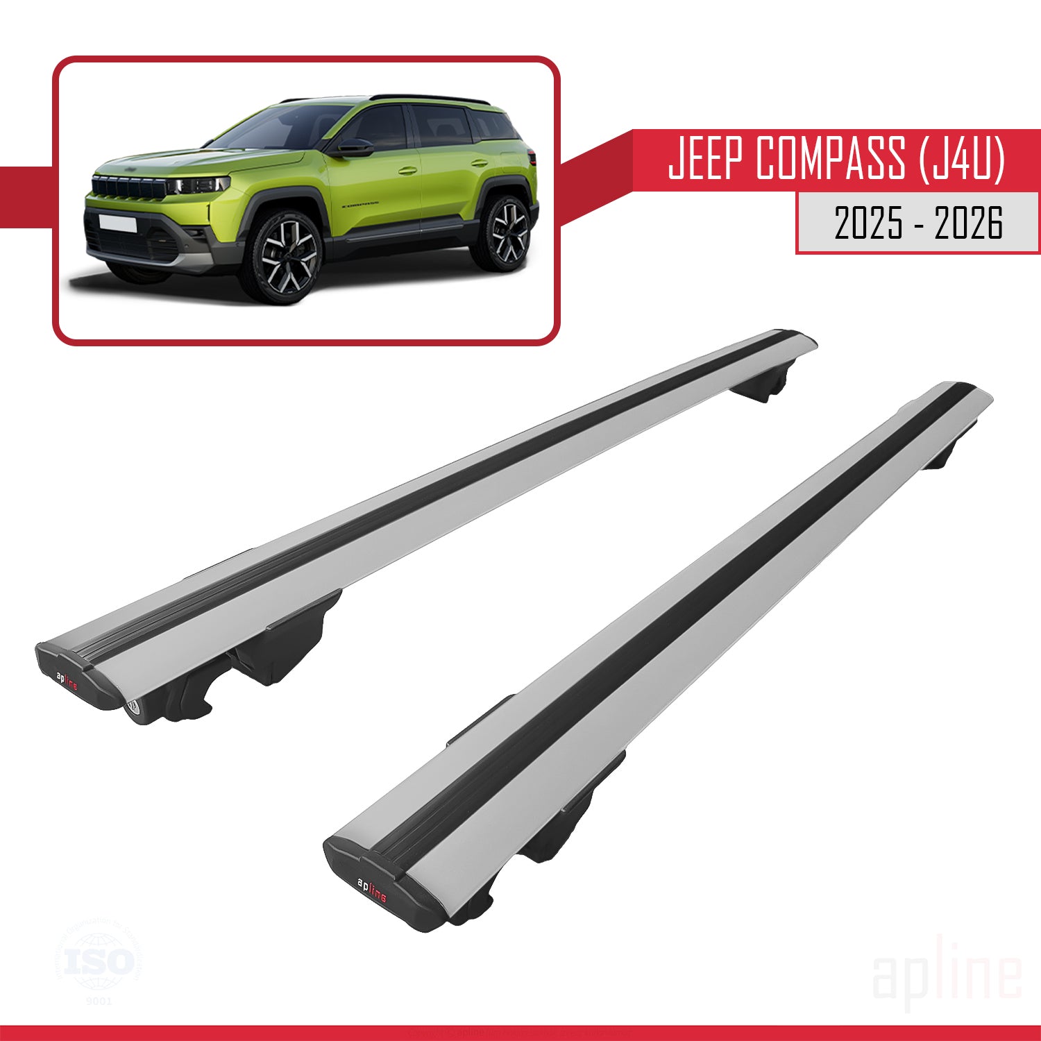 Compatible avec Jeep Compass J4U 2025-2026 HOOK Model Barres de Toit Railing Porte-Bagages de Voiture Gris Aluminium 2 Barres