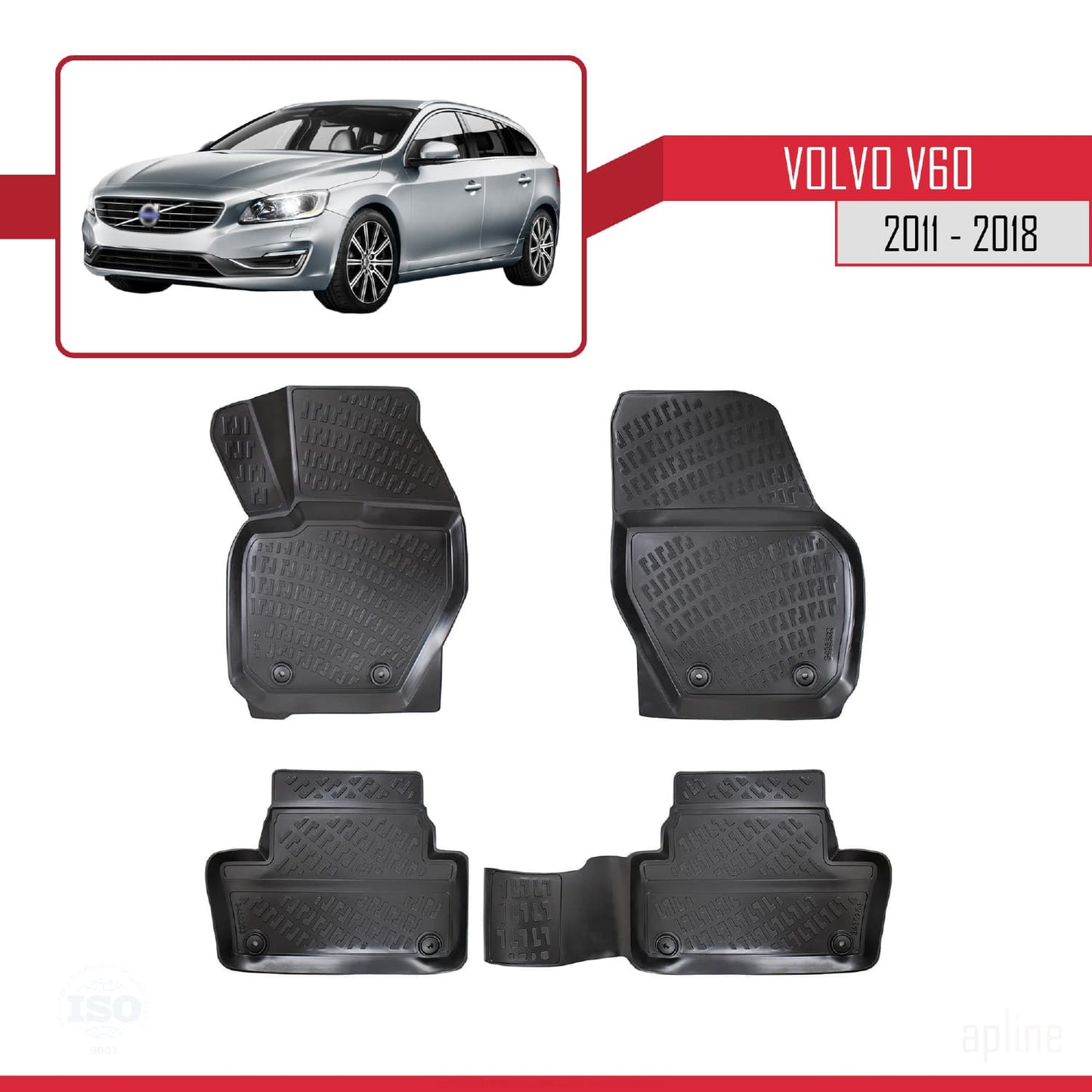 Compatible avec Volvo V60 2011-2018 4D Tapis de Voiture Noir
