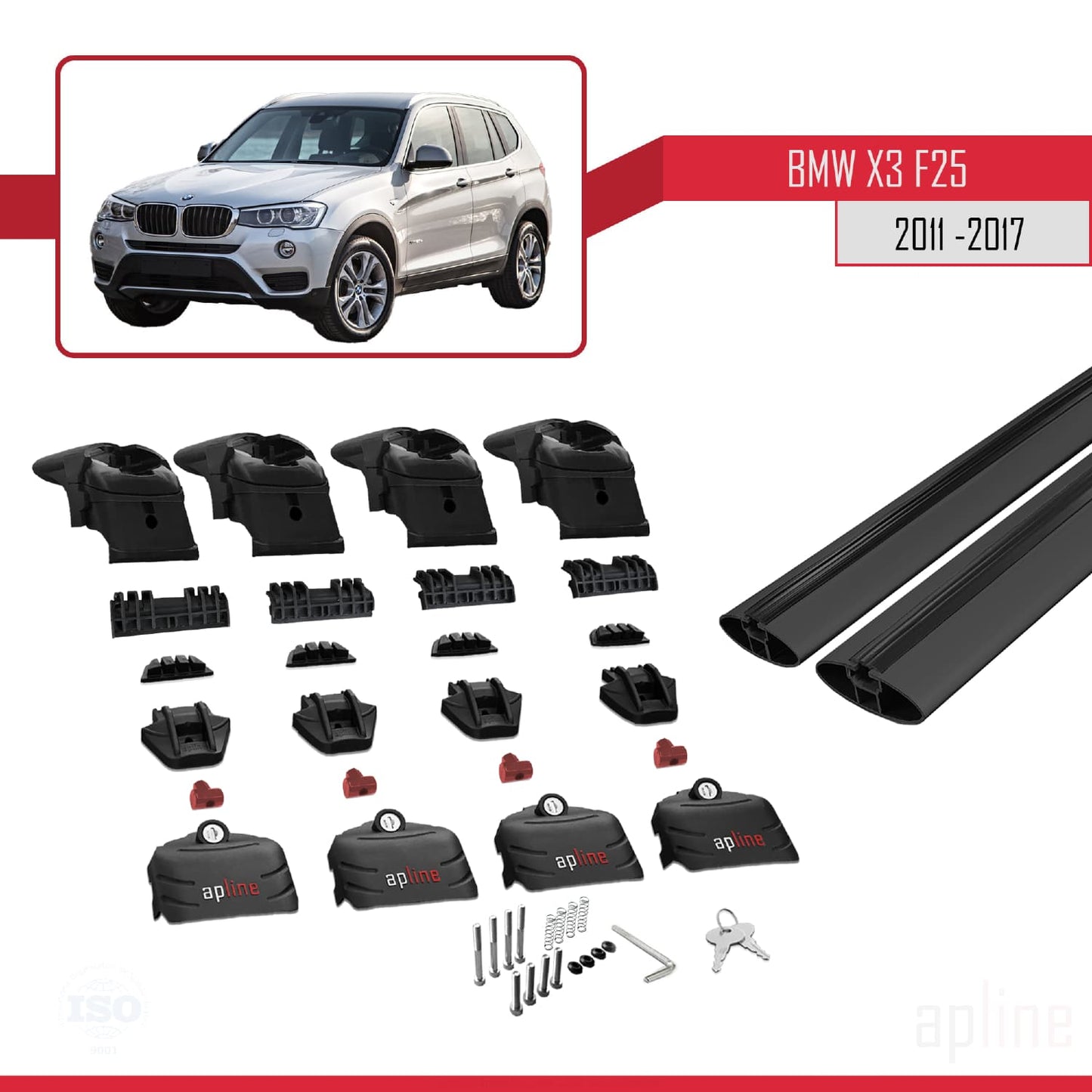 Compatibile con BMW X3 (F25) 2011-2017 ACE-2 Barre portatutto per auto Portapacchi in alluminio nero 2 barre