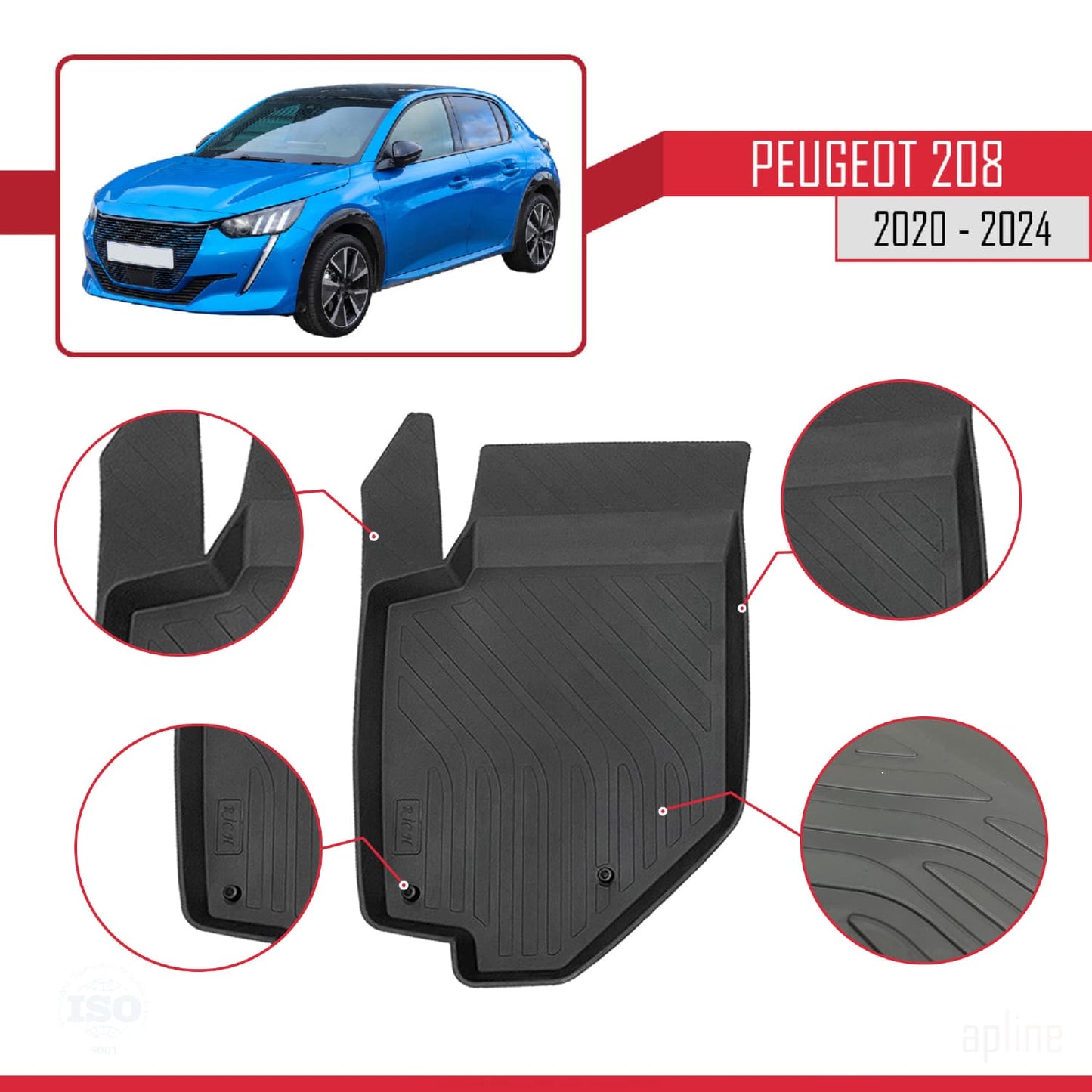 Compatible with Peugeot 208 HB 2020-2024 4D Rubber Mats BLACK